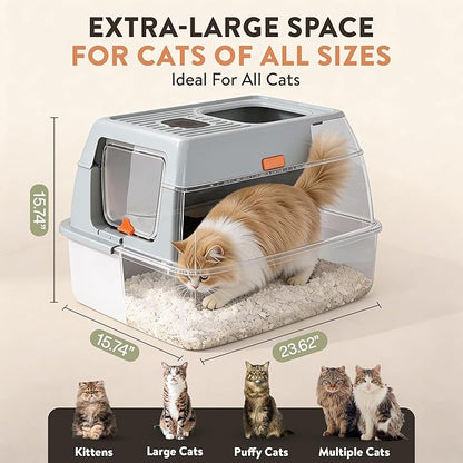 XL Stainless Steel Cat Litter Box with Enclosure and Pooper Scooper - Durable Black Metal Litter Box for Big Cats, High Sides for Anti-Leakage, Never Absorbs Odors, Non-Sticky - (60x40cm) (Gray)