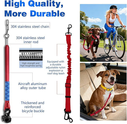 Bicycle Dog Leash for Riding, Hands Free 150° Rotating Built-in Shock Absorber Bike Retractable Leashes for Cycling, Elastic Nylon Adjusted Car Holder Seat Belt Rope (Red)