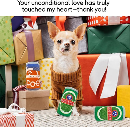 Squeaky Plush Dog Toys 2 Pack - Funny Beer Puppy Toys with Squeaker for Small Medium Large Dogs, Soft Stuffed Chew Toys for Birthday Gifts(Green&Grey)