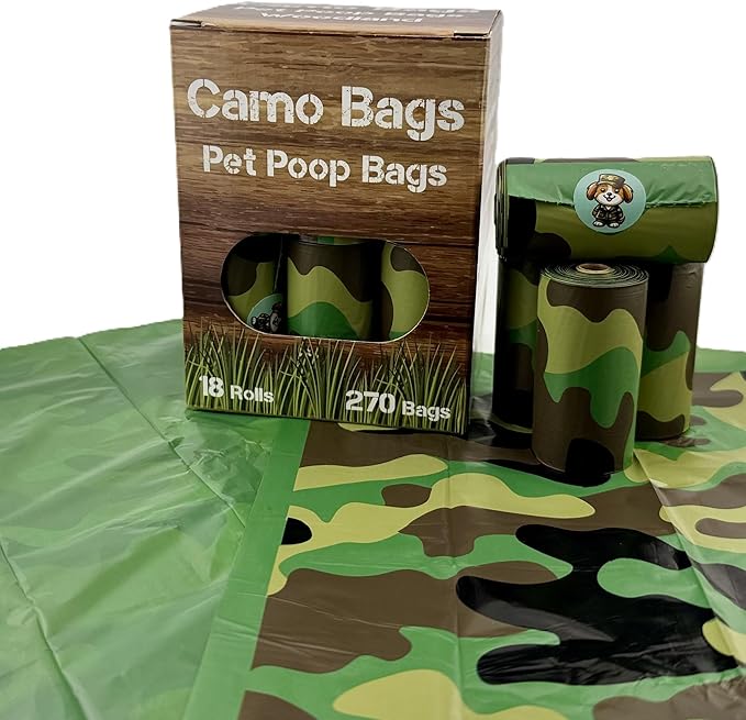 Pet poop bags with a camouflage pattern. Poop bags rolls for dog walking, dog-parks, and the yard.