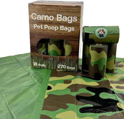 Pet poop bags with a camouflage pattern. Poop bags rolls for dog walking, dog-parks, and the yard.
