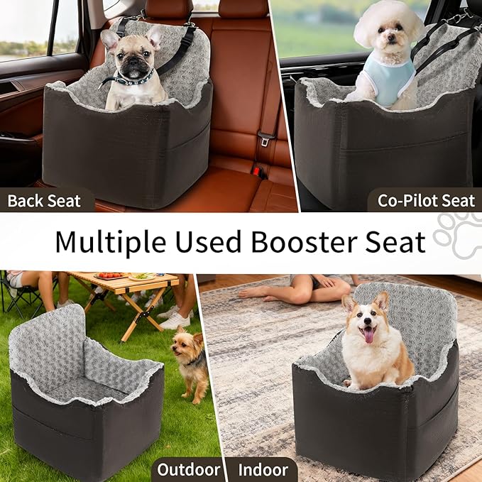 Dog Car Seat for Small Medium Dogs - 6.7inch Elevated Dog Booster Car Seats wih Soft Rose Velvet, Washable Travel Pet Carseat with 2 Safety Leashes and Storage Pockets(Grey/Black Coffee)