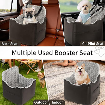 Dog Car Seat for Small Medium Dogs - 6.7inch Elevated Dog Booster Car Seats wih Soft Rose Velvet, Washable Travel Pet Carseat with 2 Safety Leashes and Storage Pockets(Grey/Black Coffee)