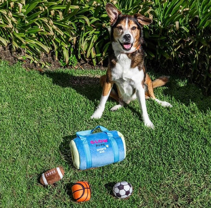 Glow Pups Dog Toy Sports Bag Hide and Seek Interactive Dog Toy with 6 Plush Squeaky Balls, Crinkle 10 Inches Long, Soft Plush, Blue and Yellow Sports Bag with Basketball, Soccer and Football