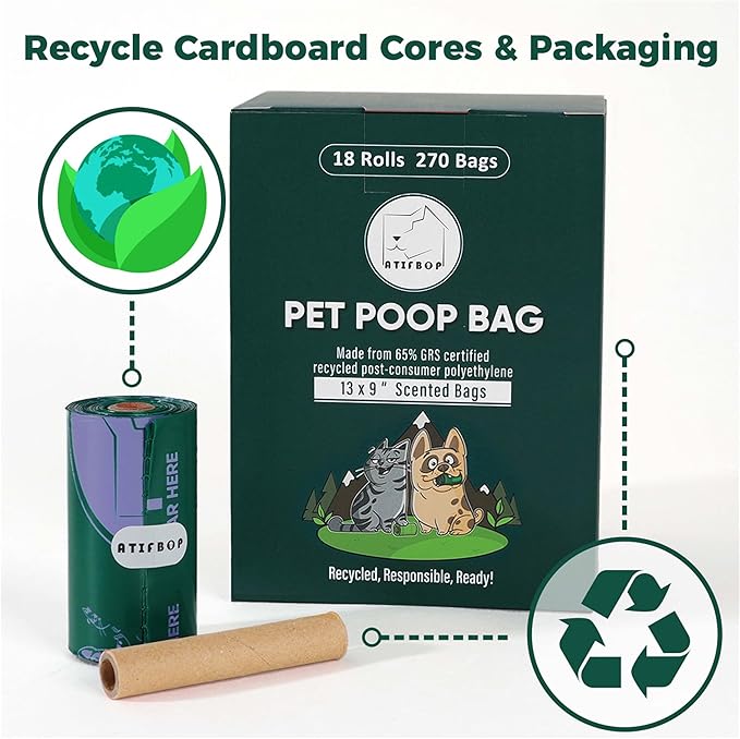 ATIFBOP Dog Poop Bags Rolls, Extra Thick and Leak-proof Poop Bag for Dogs, 270 Bags 18 Refill Rolls, Scented Waste Bag for Dog and Cat, Made form 65% Recycled Plastics