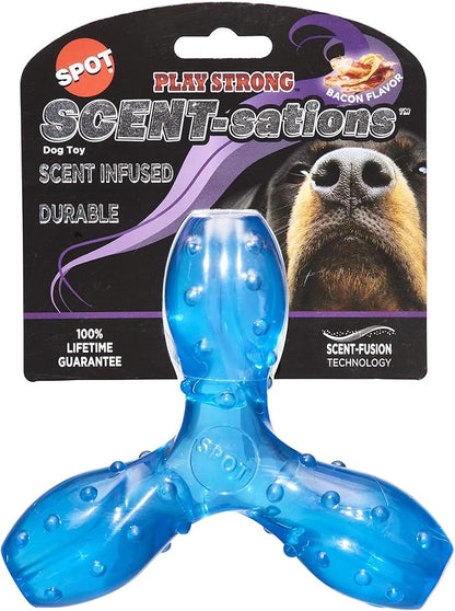 SPOT Play Strong Scent-sations Trident - Scent-Infused, Strong, Durable TPR Rubber, Heavy Duty Dog Toys for Aggressive Chewers up to 45lbs, Perfect for Puppies & Medium Breeds, 6in, Bacon Flavored