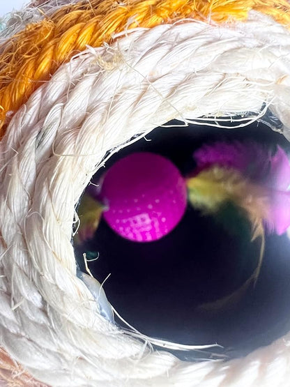 1x Hemp Ball Cat Toy,Six-Hole Hollow-Out Designed,Sisal Hemp Woven Cat Toy, Plume Bell Inside,Special Kitten Chew Toys for Indoor Cats,Interactive pet (Yellow, 12cm Ball)
