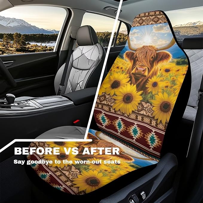 Sunflower Highland Cow Car Seat Covers Elastic Fabrics Waterproof Car Seat Cover Easy to Install Auto Interior Accessories 2 Pcs Set for SUV, Vans,Sedan,Truck
