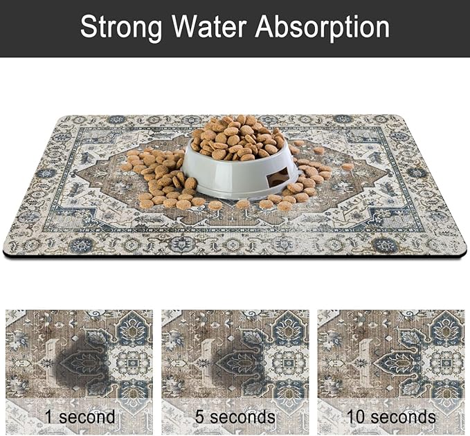 Dog Food Mats for Floors, Absorbent and Quick-Drying Pet Cat Food Mat,Anti-Fouling and Easy-to-Clean Pet Feeding Mat,Dog Bowl Mat for Messy Drinking Water Bowls.16 x24, Bohemia Style