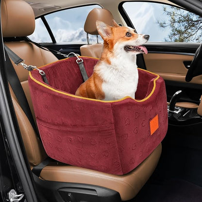 XIEEAOZEE Dog Car Seat for Small Dogs, Memory Foam Booster Dog Seat for Dogs up to 35 lbs, Elevated Pet Car Seat, Travel Safety Pet Seat with Washable Removable Cover, Storage Pockets (Red)