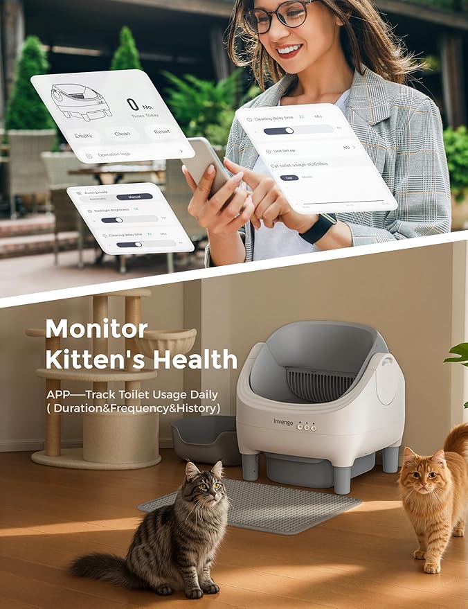 Automatic Cat Litter Box Self Cleaning, App Control, Open-Top Automatic Litter Box with Safety Sensors, Ultra-Quiet, 10.5L Waste Bin with Odor Control, 2 Rolls of Garbage Bags, Grey White