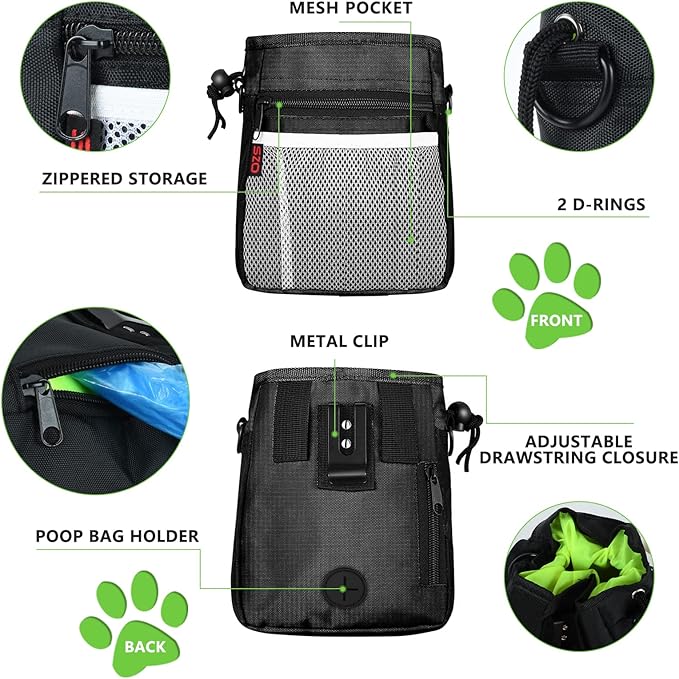 SZO Dog Treat Pouch - 3 Ways to Wear Treat Pouches for Pet Training and Clicker Taining for Dogs, Dog Training Treat Pouch Bag and Dog Clicker for Training with Waist Belt Shoulder Strap - Black