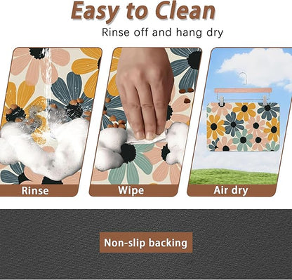 Abstract Daisy Flower Dog Food Mat for Floors,Retro Groovy Flowers Absorbent Pet Food and Water Bowl Mats,Non-Slip Pet Feeding Mat,Pet Supplies 16" x 24"
