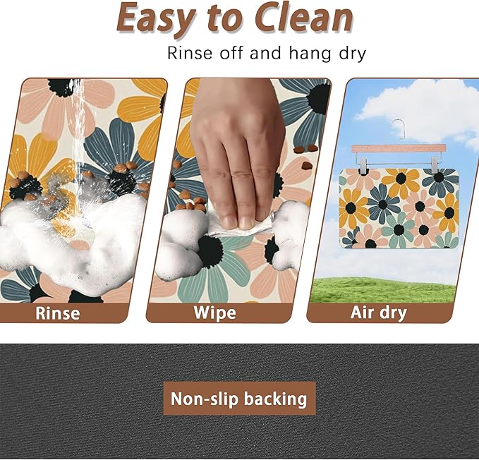 Abstract Daisy Flower Dog Food Mat for Floors,Retro Groovy Flowers Absorbent Pet Food and Water Bowl Mats,Non-Slip Pet Feeding Mat,Pet Supplies 12" x 20"