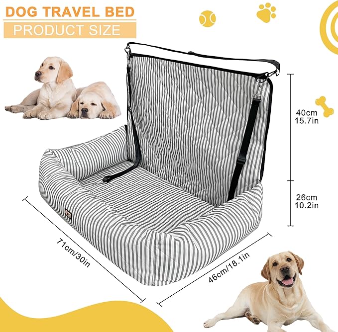 Dog Car Seat for Small/Medium Dogs, 2-in-1 Booster Seat & Pet Sofa Bed, Removable Washable Portable Car Travel Bed (Stripes-L-Grey)