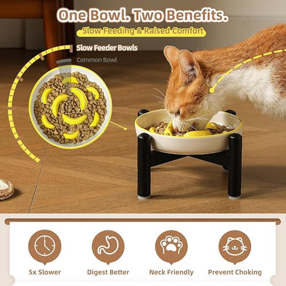 Elevated Slow Feeder Cat Bowl - Ceramic Cat Food Plate with Anti-Slip Stainless Steel Stand - Shallow Maze Dish for Slow Eating - Yellow