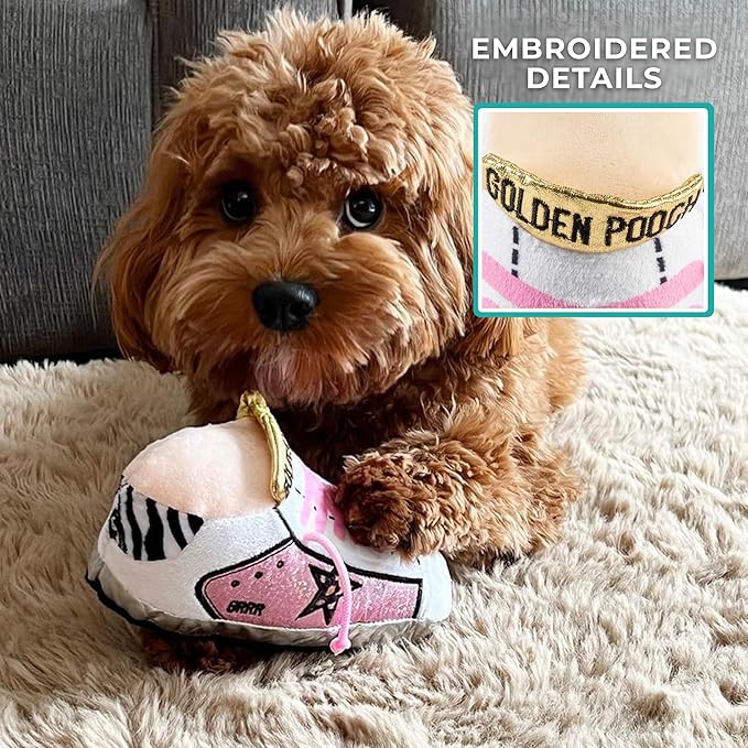 Haute Diggity Dog Pink Golden Pooch Tennis Shoe, Plush Designer Dog Toys with Interactive Squeaker, Stimulating Pet Enrichment, Machine-Washable & Safe Materials for All Breeds, One Size
