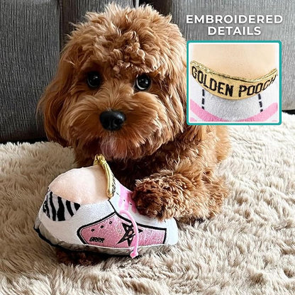 Haute Diggity Dog Pink Golden Pooch Tennis Shoe, Plush Designer Dog Toys with Interactive Squeaker, Stimulating Pet Enrichment, Machine-Washable & Safe Materials for All Breeds, One Size