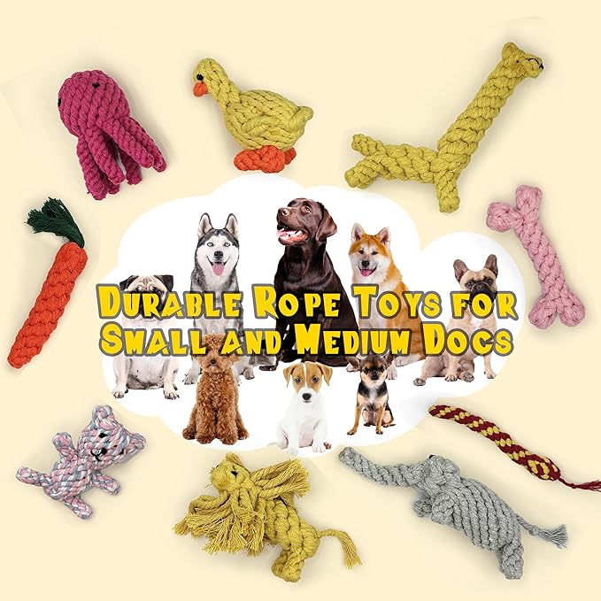 Dog Chew Toys for Small and Medium dogs, Animals and Fruits Shapes Cotton Rope Toys for Aggressive Chewers, Handwoven Interactive Dog Toys for Tug of War, Dental Health, Cleaning (9Pcs, Animals)