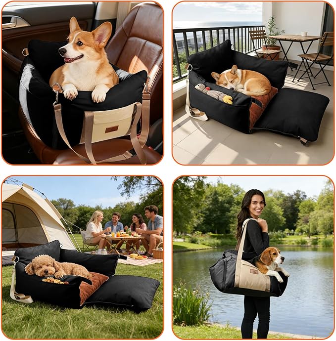 Dog Car Seats for Small Dogs, 2-in-1 Pet Booster Seat with Side-Zip Expandable Bed, Handles and a Storage Pocket, Clip-On Safety Leash and PP Cotton Filling, Vehicle Bed for Puppy up to 25 lbs (Black)