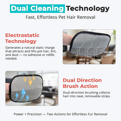 Pet Hair Removal Gloves for Dogs and Cats, Reusable Electrostatic Grooming Tool, 2-Piece Set for Furniture, Clothing, Car Seats Reusable 2-in-1 Design, 2 Pack
