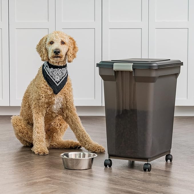 IRIS USA Dog Food Storage Container 58 Lb, Airtight Large Pet Food Storage Bin with Wheels, for Dog Cat Bird Chicken Food, Holds Up to 58 lbs, Keep Fresh, BPA Free, Made in USA, Black
