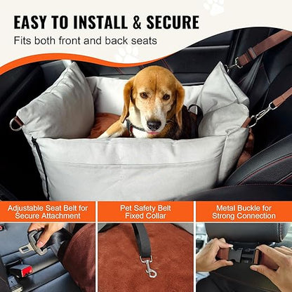 VEVOR Dog Car Seat, Waterproof Dog Booster Seat for Car with Side Handles and a Storage Pocket, Clip-On Safety Leash and PP Cotton Filling, Vehicle Bed for Small Dogs up to 25lbs, Gray