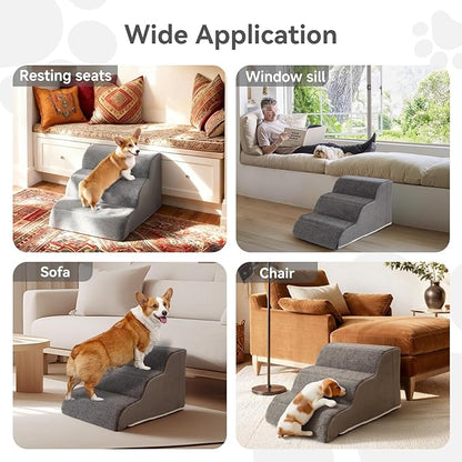 3-Step Sturdy Foam Dog Stairs with PE Support Board, Cover Removable, Pet Steps for Small to Medium Dogs & Cats, 13''H Dog Step for Sofa, Chair, or Stairs
