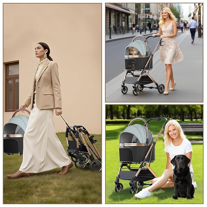 4 Wheels Pet Stroller for Small Medium Dogs Cats Up to 45 lbs Folding Dog Stroller with Detachable Breathable Carrier Suitable for Car Seat, Hand Carry & Travel, All Terrain, 3 in 1 Multifunctional