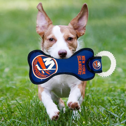 Pets First NHL New York Islanders Bone Shaped Dental Dog TUG Toy with Squeaker. Tough PET Toy for Healthy Fun, Teething, and Cleaning pet's Teeth and Gum.