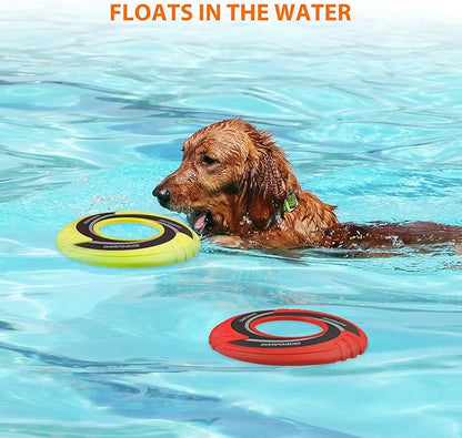 SKIPDAWG Interactive Dog Flying Disc 2 Pack, Pet Flying Disc Floats in Water, Diameter 9” Soft Dog Toy for Outdoor Exercise Training, Safe Light TPR/Nylon Fabric Pet Toys, Green and Red Colors