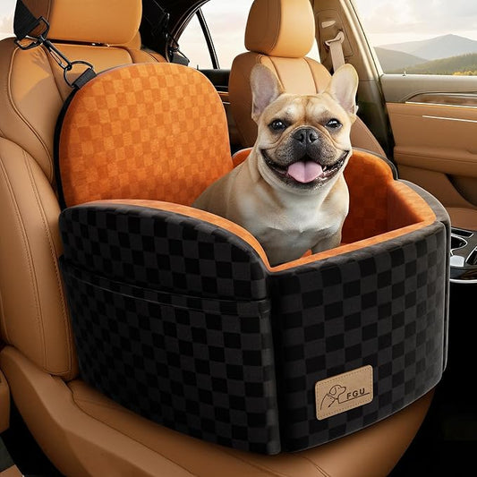Dog Car Seat for Small/Medium Dogs Up to 35 lbs, Elevated Memory Foam Dog Booster Seat with 2 Safety Belts, Travel Safety Pet Car Seat with Detachable Washable Cover and Storage Pockets (Black/Brown)