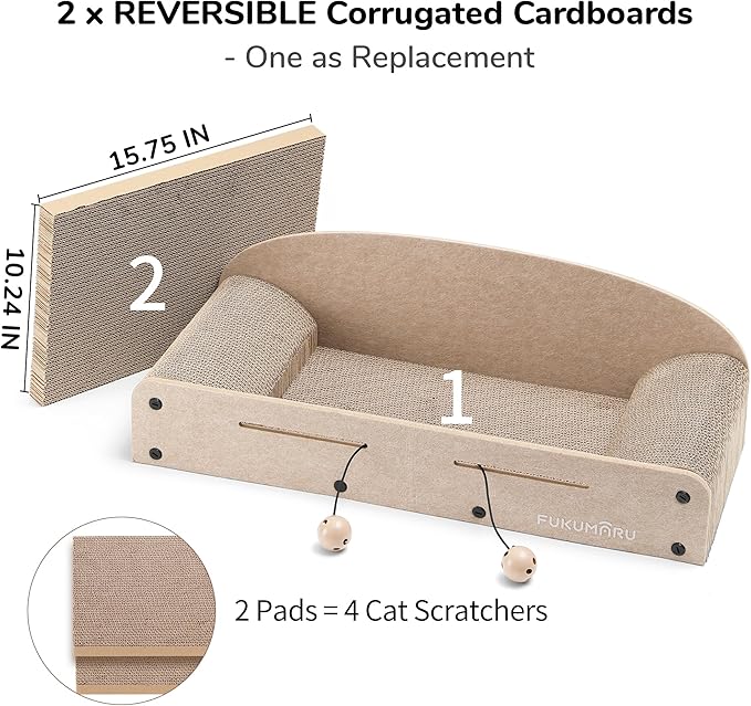 FUKUMARU 26 Inch Cat Scratcher Bed, 2 Reversible Cardboard Cat Scratch Pads Refill for Indoor Cats, Durable Large Cats Scratching Bed Sofa Couch Lounger with Fun Toys, Furniture Protector, Beige