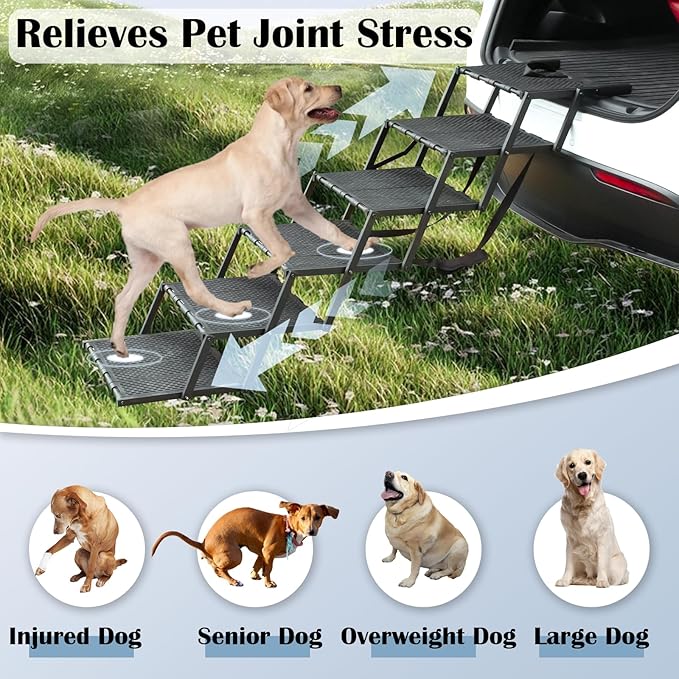 Dog Ramp for Car, SUV & Truck, Portable Pet Stairs with Non-Slip and Easy-Clean Surface, Extra Large Dog Step with Adjustable Size, Supports up to 250 lbs.