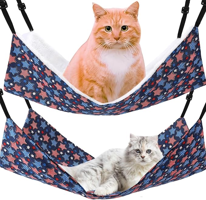 Cat Hammock for Cage Hanging Reversible 2Pack,Pet Hammock Bed Adjustable,Soft Sleeping Hammock for Cats,Ferret,Puppy,Rabbits,Small Animals (L, Stars)
