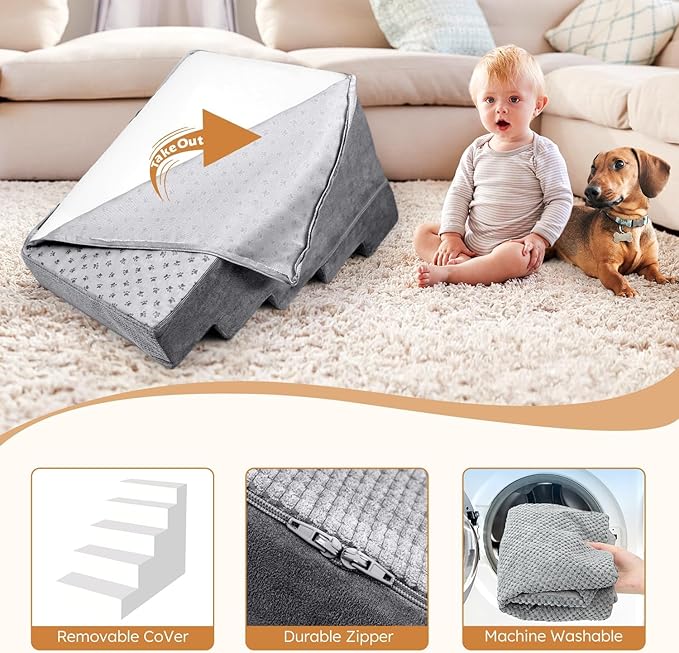 Heeyoo Dog Stairs for Small Dogs,5-Step Dog Steps for High Bed and Couch, High-Density Foam Pet Steps with Supporting Board, Non-Slip Removable Washable Cover, Grey