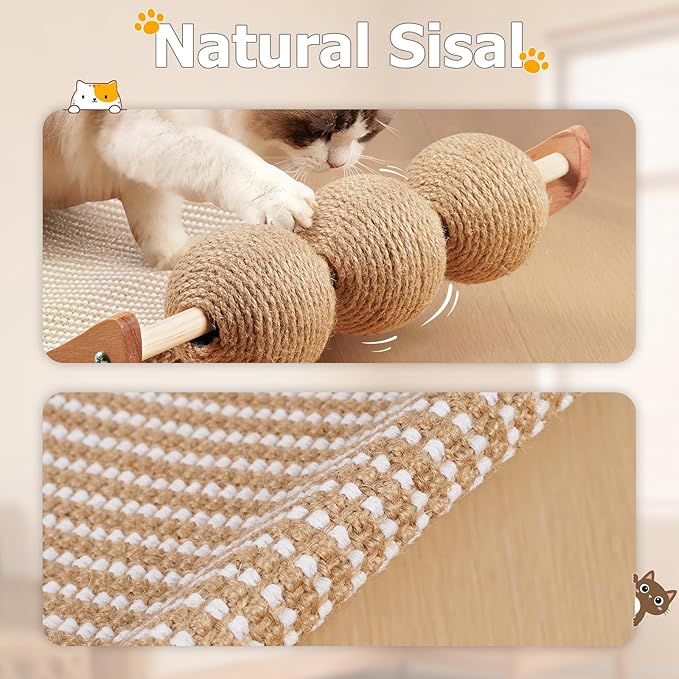 Extra-Larger Sisal Cat Scratcher Bed with Ball, 3-in-1 Cat Scratching Pad with Hammock, Natural Sisal with Solid Wood Frame Cat Scratch Post for Indoor Cats Lounger & Sleep & Scratch