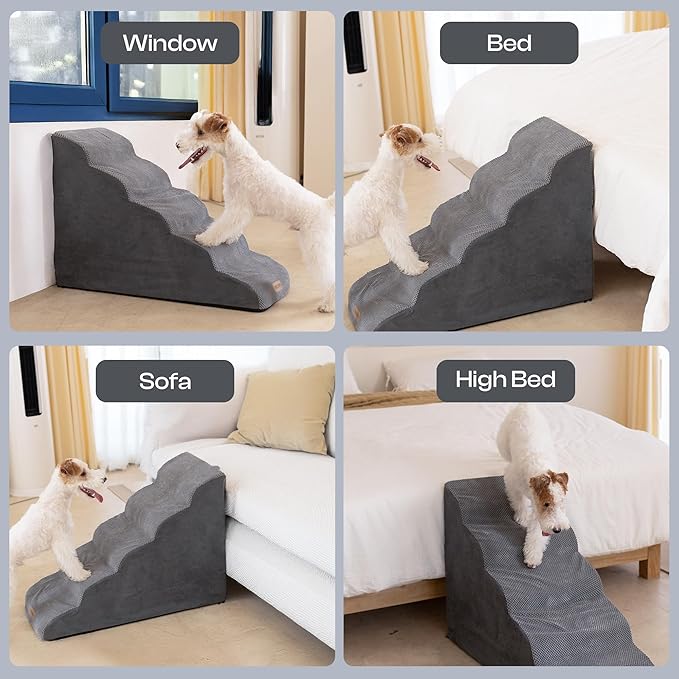 Dog Stairs for High Beds Up to 26", Extra-Tall 24.5" 5-Step Foam Pet Ramp with Washable Cover, Gentle Slope Steps, Bed & Couch Ladder for Small Medium Dogs & Senior Cat, Puppy Climbing Stairs