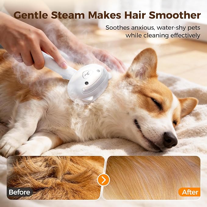 Self Cleaning Shedding Steam Cat Brush, Silicone Scraper Included Dog Brush, Adorable Bear Design, primecat, Cat Brushes for Shedding, USB Rechargeable, for Grooming & Haired Pets, Dogs & Cats, White