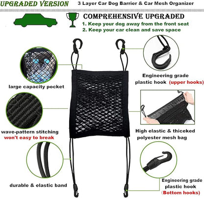 DYKESON Pet Barrier Dog Car Net Barrier with Auto Safety Mesh Organizer Baby Stretchable Storage Bag Universal for Cars, SUVs -Easy Install,Safer to Drive with Pets and Children, 2 Layer