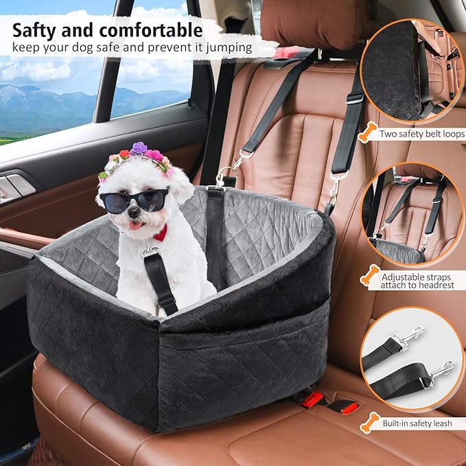 NEEZUKAR Dog Car Seat for Small Dogs,Detachable Washable Dog Booster Seat Under 30lbs, Pet Car Seat Travel Bed with Storage Pockets and Dog Safety Belt (Black/Grey)