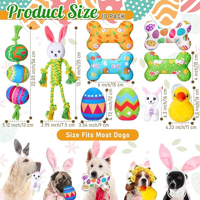 10 Pcs Easter Dog Toys with Squeaker, Includes 4 Plush Bone 2 Rope Toys for Dogs 2 Easter Egg 1 Plush Bunny & Chick for Puppy/Small/Medium/Large Breeds Holiday Pet Gift