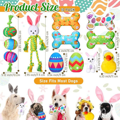 10 Pcs Easter Dog Toys with Squeaker, Includes 4 Plush Bone 2 Rope Toys for Dogs 2 Easter Egg 1 Plush Bunny & Chick for Puppy/Small/Medium/Large Breeds Holiday Pet Gift