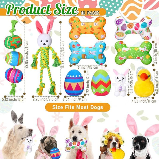 10 Pcs Easter Dog Toys with Squeaker, Includes 4 Plush Bone 2 Rope Toys for Dogs 2 Easter Egg 1 Plush Bunny & Chick for Puppy/Small/Medium/Large Breeds Holiday Pet Gift