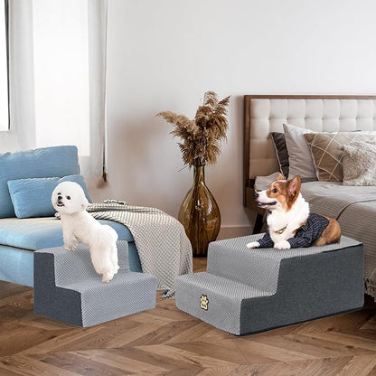 Dog Stairs Pets Steps 4 Gray Pet Ladder for Sofa Couch and Bed Made of High Density Sponge Stairs with Removable Washable Cover Non-Slip Base 18" H