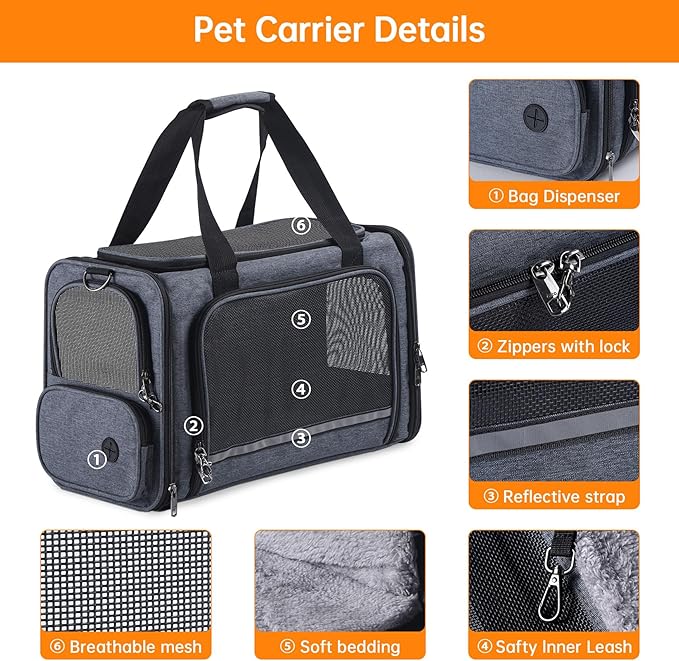 Cat Carrier Pet Travel Carrier by Airplane Approved Under seat, TSA Airline Approved Soft-Sided Dogs Carrier Bag for cat,Dogs,17.5 x 8.5 x 11 inches,Grey
