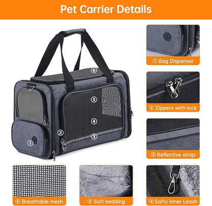 Cat Carrier Pet Travel Carrier by Airplane Approved Under seat, TSA Airline Approved Soft-Sided Dogs Carrier Bag for cat,Dogs,17.5 x 8.5 x 11 inches,Grey