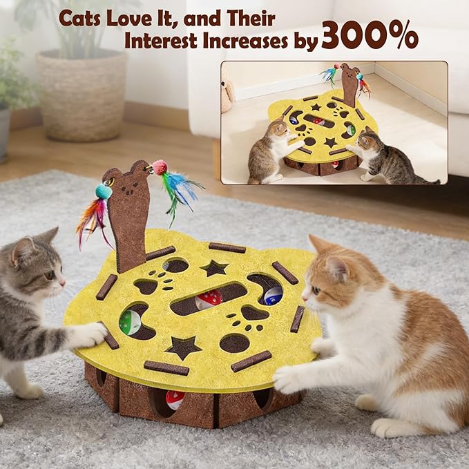 Interactive Felt Cat Maze Box with Cartoon Cat-Shaped Post, Fish-Shaped Puzzle ExerciseHide Seek Moving Toy for Cats, Mental Enrichment Self-Play Toy Encourages Hunting Instincts with 4 Balls