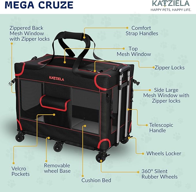 MegaCruze Rolling Pet Carrier for Medium & Large Dogs 25”x17”x20”. Lockable Wheels Zipper Locks Telescopic Handle Breathable Mesh, Removable Wheel Base, Stress-Free Travel Outdoor and Indoor