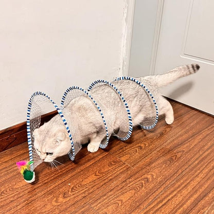 2-Pack Large Cat Tunnel Beds - Indoor & Outdoor,Kitten Collapsible Spring Tunnel Toy with Feather and Bell,Interactive Spring Toys for Cats & Kittens（Yellow and Blue）